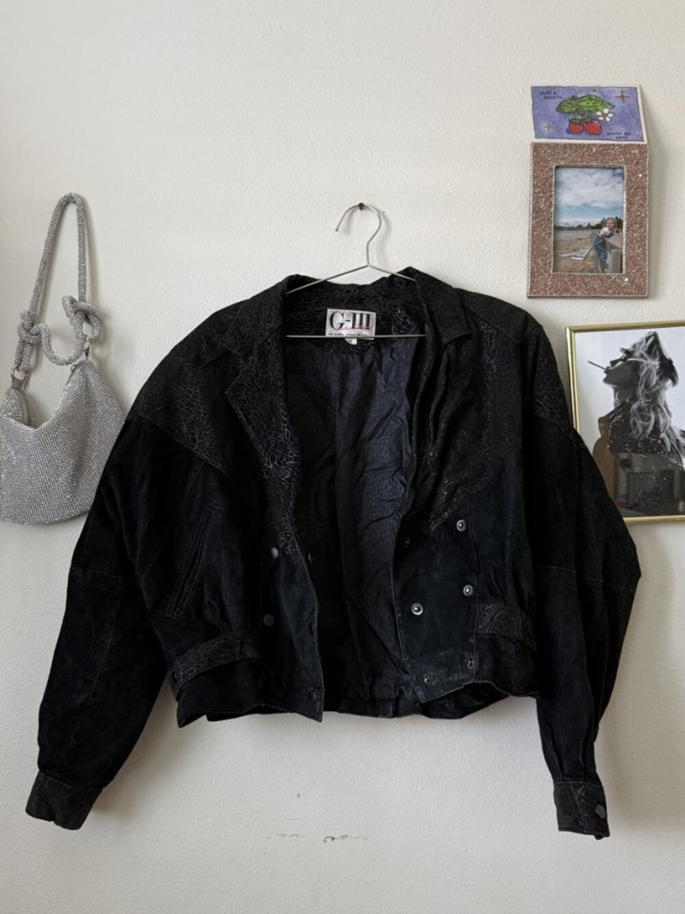 Vintage 80s G-III Leather Fashions Black Suede Embossed Leather Bomber Jacket M